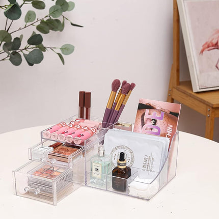 Cq acrylic Clear Makeup Organizer With 2 Drawers,Cosmetic Storage Display Case for Vanity, Bathroom Counter or Dresser,Countertop Holder for Lipstick, Brushes, Lotions, Eyeshadow, Nail Polish and Jewelry