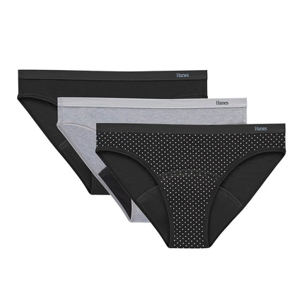 Hanes Women's Comfort, Bikini, Super Leaks Post-Partum & Period Underwear, 3-Pack, Black/Concrete Heather/Black, Black/Concrete Heather/Black, L