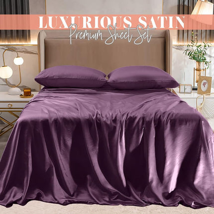 Elegant Comfort Luxurious 4-Piece Silky Satin Sheet Set, Skin and Hair Friendly, Wrinkle, Fade, Stain Resistant with Deep Pockets Fitted Sheet, Cooling Soft Satin Sheet Set, Twin, Purple