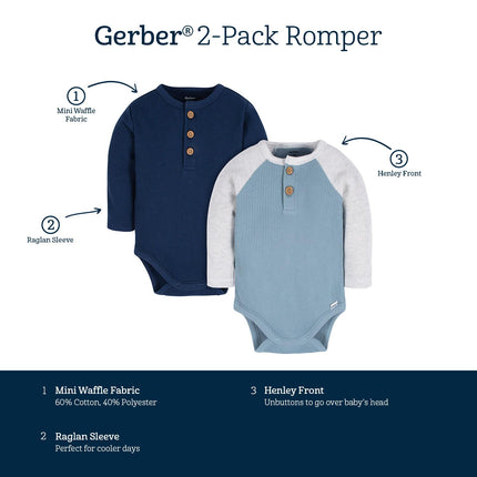Gerber Baby Boys' Long Sleeve Henley Onesies (paquete de 2), azul y gris jaspeado, recién nacido