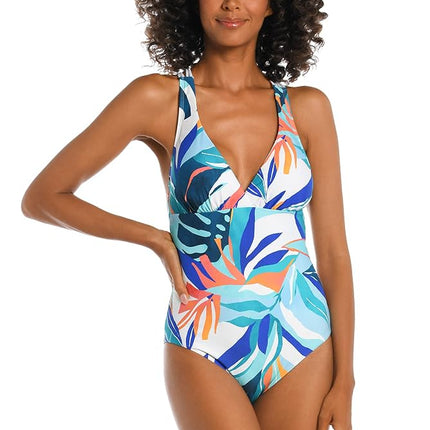 Maillot de bain une pièce La Blanca à bretelles multiples et dos croisé, bleu glacier//palmiers côtiers, 14