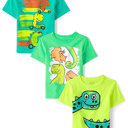 The Children's Place Baby and Toddler Boys' Dino Short Sleeve Graphic T-Shirts, Multipack, Dino Cars/Dino/Dinos, 5T