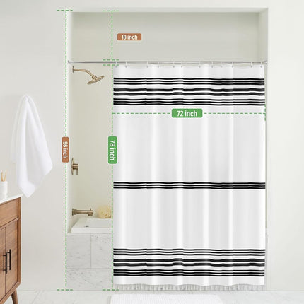 Seasonwood Cortina de ducha larga, tela blanca y negra con borlas, cortinas de ducha modernas estilo casa de campo para baño, impermeable, duradera, 72 pulgadas de ancho x 78 pulgadas de largo