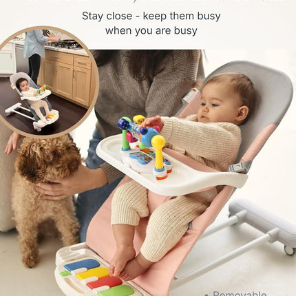 CuddoBaby Baby Bouncer 4-in-1 on Wheels, Detachable Pianos, Feeding Tray, 3-Level Recline Foldable Seat with Play Bar for Infant to Toddler 0-6, 0-12, 12-24 Months, Girl Gift Idea - Pink