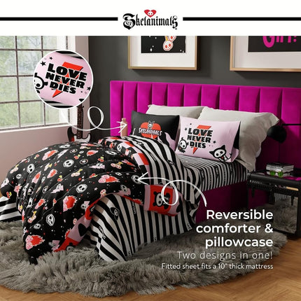 Skelanimals Bedding 5 Piece Twin Spooky Bed Set, Soft Microfiber Checkered Comforter and Sheet Set with Sham, Kit The Cat, (Officially Licensed Product) by Franco Collectibles