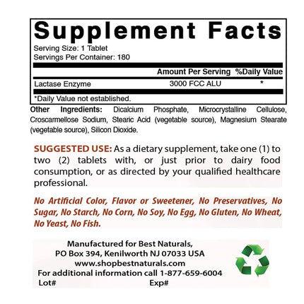 Best Naturals, Fast Acting Lactase Enzyme, 3000 FCC ALU, 180 Tablets (180 Count (Pack of 3))