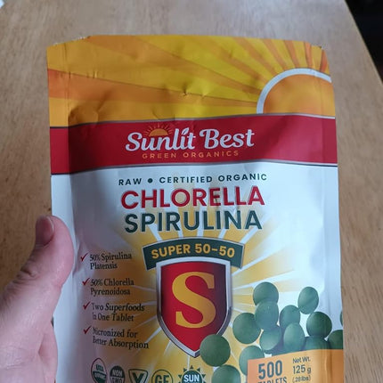 Spirulina Chlorella Cracked Cell Wall Super 50-50 Super-Pack 500 Tablets - Raw Organic Gluten-Free Non-GMO Green Superfood. High Protein, Chlorophyll & nucleic acids. No preservatives, No fillers