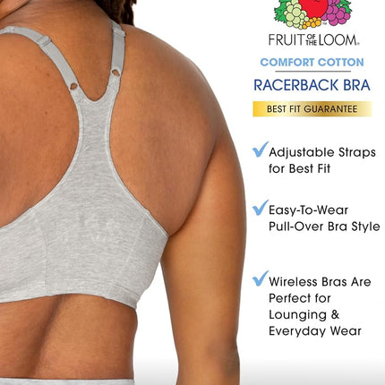 Soutien-gorge de sport dos nageur ajustable froncé sur le devant Fruit of the Loom pour femme, lots multiples, teinte Gris chiné/Blanc/Noir, 40