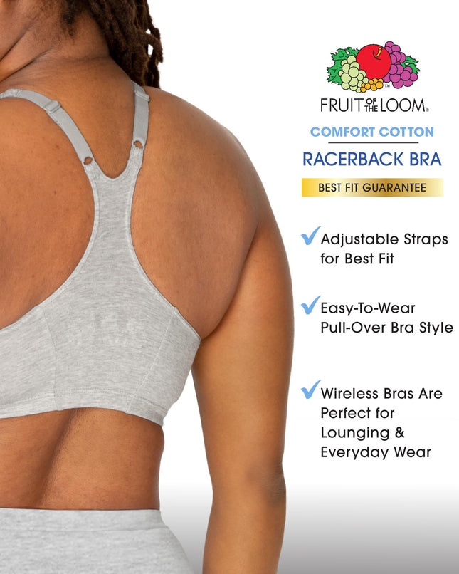 Soutien-gorge de sport dos nageur ajustable froncé sur le devant Fruit of the Loom pour femme, lots multiples, teinte Gris chiné/Blanc/Noir, 40