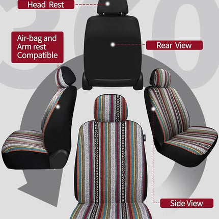 VarCozy Baja Saddle Blanket Seat Covers, Front Seat Covers for Sedan, SUV, Truck, Universal Stripe Colorful Woven Automotive Seat Cover, Breathable, Washable, Airbag Compatible
