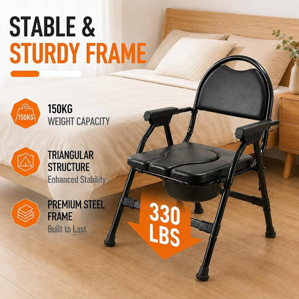 4-in-1 Folding Bedside Commode Chair with Seat Cover, Tool-Free Assembly Portable Toilet for Adults, Adjustable Height Bedside Commode for Seniors with Handles, 330lbs Support (Black)