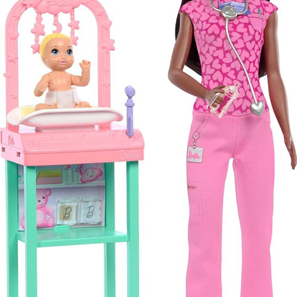 Barbie Baby Doctor with Brunette Fashion Doll Wearing Pink Scrubs, 1 Baby Doll with Accessories & Furniture