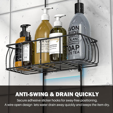 Epicano Anti-Swing Hanging Shower Caddy, Over Head Shower Caddy Rustproof with Hooks for Towels, Sponge and More, Metal Black