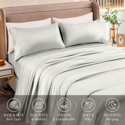 Elegant Comfort Luxurious 4-Piece Silky Satin Sheet Set, Skin and Hair Friendly, Wrinkle, Fade, Stain Resistant with Deep Pockets Fitted Sheet, Cooling Soft Satin Sheet Set, Queen, Light Jade