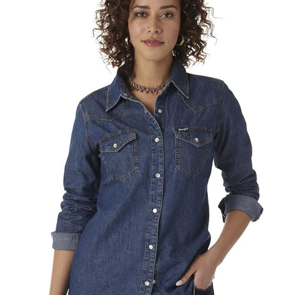 Wrangler Women's Retro Long Sleeve Western Snap Shirt, Dark Denim, Small