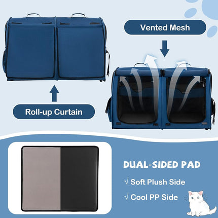 PETSITE 40 Inch Cat Carrier with Double Compartments, Portable Pet Kennel with 2 Removable Hammocks, Dual-use Mats & Litter Box, Soft-Sided Cat Dog Crate with Carry Bag & Ground Stakes (Black)