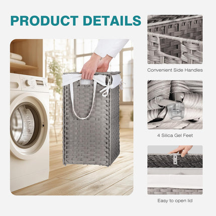 DUMOS Wicker Laundry Basket with Lid, 110L Woven Laundry Hamper with Handles, Foldable Rattan Clothes Hamper with Removable Liner & Sturdy Steel Frame, Gray