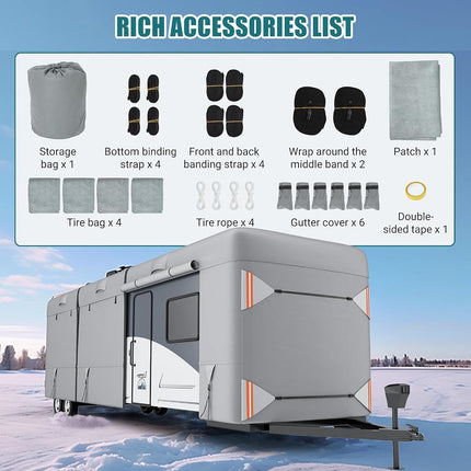 24-27ft Rv Cover, Upgraded Windproof Waterproof Camper Cover, Heavy Duty Travel Trailer Cover with Gutter Cover, Tire Cover, Reflective Strip, Rich Accessories