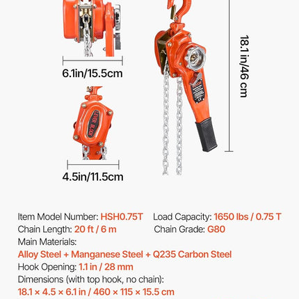 VEVOR Manual Lever Chain Hoist, 3/4T 750KG Capacity Heavy Duty Come Along, 6M Lift G80 Alloy Steel Chain With Dual Pawl Mechanical Brake, 360° Rotating Hooks, for Warehouse Construction Garage