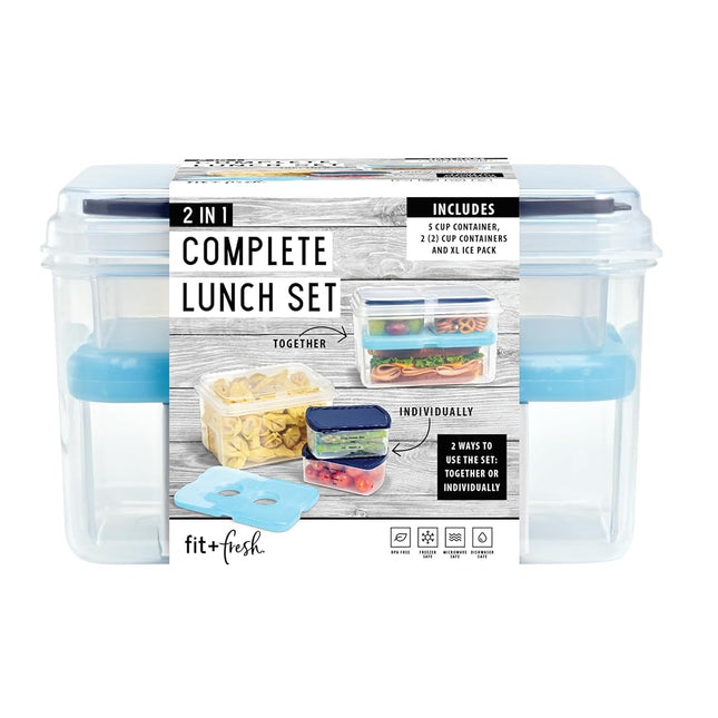 Fit + Fresh Entrée Set, Reusable Kit Includes a 6-Cup Lunch Container, Two 1-Cup Snack Containers & a Slim Ice Pack, Perfect for Insulated Lunch Bag, Lunch Box & More, Blue