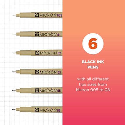 SAKURA Pigma Micron Assorted Pens, Pack of 6, Black