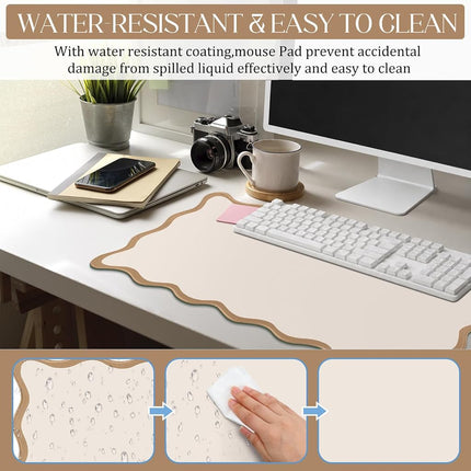 Hahafelt Scalloped Desk Mat Large Scalloped Piping Cute Desk Mat Aesthetic Preppy Table Pad Large Nonslip Pad with Edge Stitching Waterproof Gaming(Beige,31.5 x 15.75 Inches)