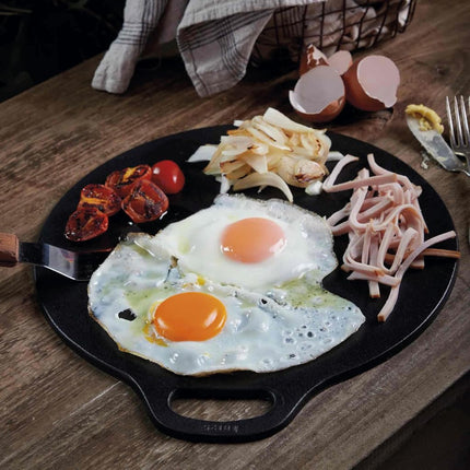 Victoria 15-Inch Cast-Iron Tawa Dosa Pan, Pizza Pan with a Loop Handle, Crepe Pan Preseasoned with Flaxseed Oil, Made in Colombia,Black