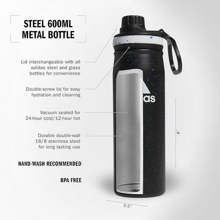 adidas Stainless Steel Metal Water Bottle 20 oz (600 mL) Screw Cap, Black/Bright Royal Blue/White, 600 ML