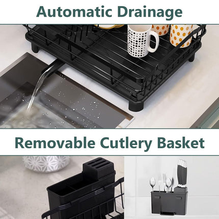 AIDERLY Iron Dish Drying Rack with Drainboard Dish Drainers for Kitchen Counter Extendable Spout Strainers with Utensil Holder and Knife Slots, Brown