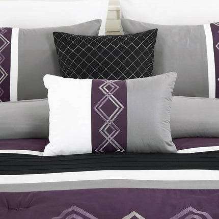 Chezmoi Collection Arden 7-Piece Modern Pleated Stripe Embroidered Zigzag Bedding Comforter Set (Oversized King, Purple/Black/Gray/White)
