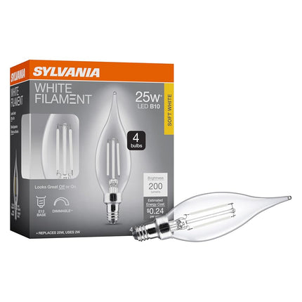 SYLVANIA B10 Clear LED White Filament Bulb, 2W, Di