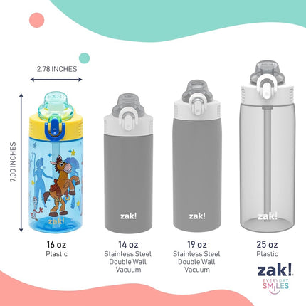 Zak Designs Disney Pixar Toy Story Sage Kids Water Bottle For School or Travel, 16oz Durable Plastic Water Bottle With Straw, Handle, and Leak-Proof, Pop-Up Spout Cover (Woody & Friends)