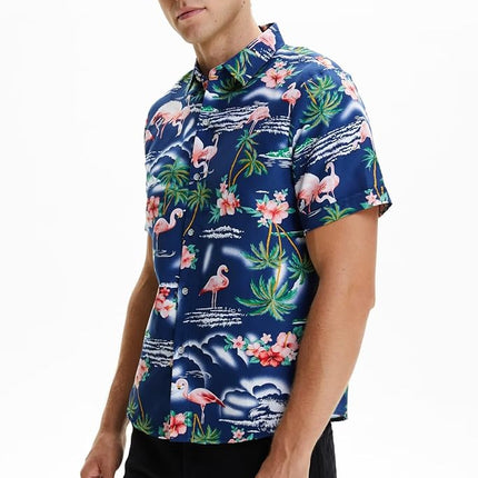 Camisa Hawaiana de ocio para hombre SSLR de flamencos, flores - Azul - Grande