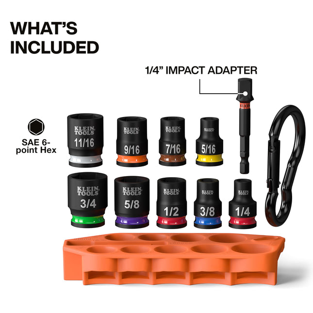 Klein Tools 33809 Grab-And-Go Impact Socket Set, SAE, 10-Piece Set with Sleeve, Carabiner, and 3/8-Inch Drive, Color-Coded 1/4, 5/16, 3/8, 7/16, 1/2, 9/16, 5/8, 11/16, and 3/4-Inch Sockets