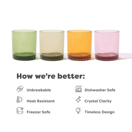 TOSSWARE Reserve 12oz Old Fashioned - Color Series Set of 4, Premium Quality, Tritan Dishwasher Safe & Heat Resistant Unbreakable Plastic Whiskey Glasses