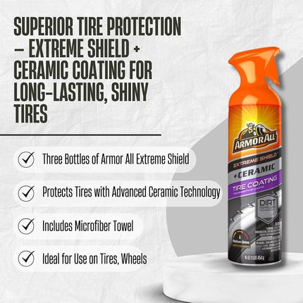 3x Tire Coating by Extreme Shield + Ceramic Aerosol 16 oz Bundle with Microfiber Cloth – Tire-Protectant Spray – Long-Lasting Tire Shine Spray – Repels Dirt & Grime – Gift Set (4 Items)