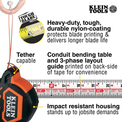 Klein Tools 9216 Tape Measure, 16-Foot Double-Hook Double-Sided Measuring Tape, Magnetic with Retraction Speed Break and Metal Belt Clip