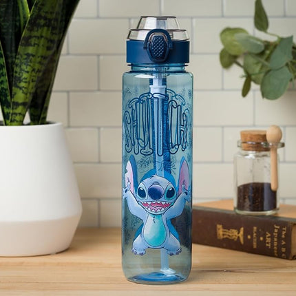 Silver Buffalo Disney Lilo and Stitch Double Walled Plastic Water Bottle with Locking Lid and Strap Featuring Stitch, 33 Ounces