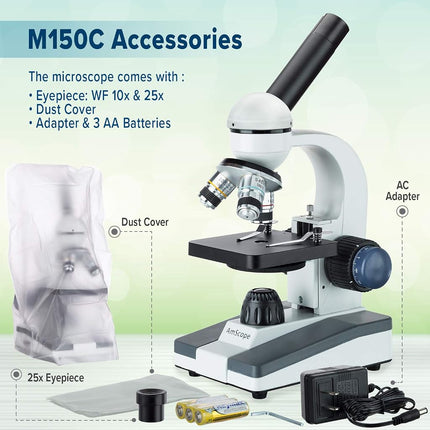 AmScope M150C-MS Compound Monocular Microscope, WF10x and WF25x Eyepieces, 40x-1000x Magnification, LED Illumination, Brightfield, Single-Lens Condenser, Coaxial Coarse and Fine Focus, Mechanical Stage, 110V