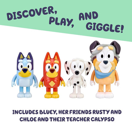 Bluey School Mates 4 Pack; Official 2.5-3 inch Collectable Action Figures Including Jack, Pretzel and Mackenzie with their own Lunch Box Accessories