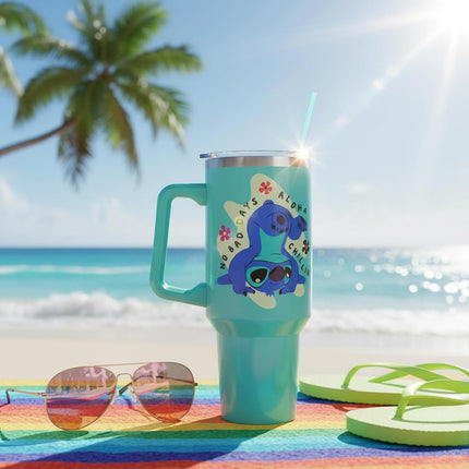 Silver Buffalo Disney Lilo et Stitch Aloha No Bad Days Gobelet en acier inoxydable Chillin' avec poignée et paille, compatible avec les porte-gobelets standard, 1,2 litre