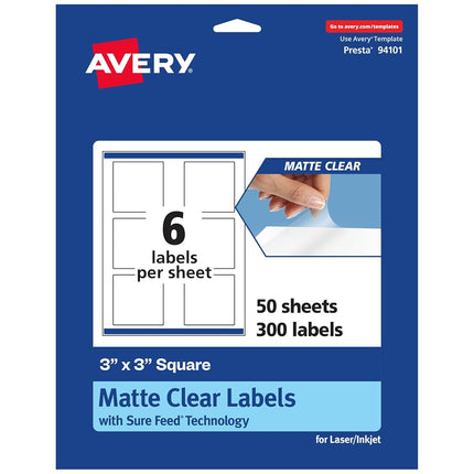 Étiquettes carrées mates transparentes Avery, technologie Sure Feed, 3 po x 3 po, 300 étiquettes mates transparentes, impression bord-à-bord, imprimables laser/jet d'encre