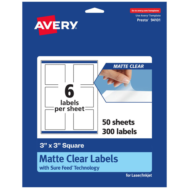 Avery Matte Clear Square Labels, Sure Feed Technol