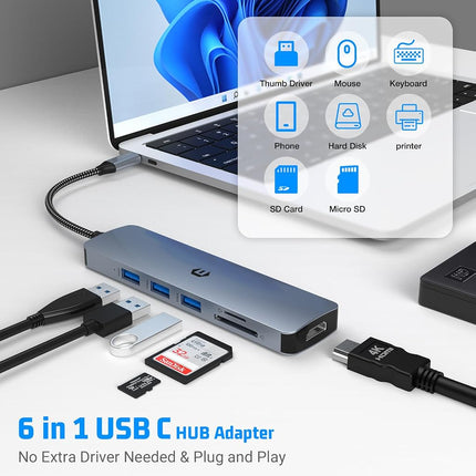 USB C Hub, oditton 6 in 1 USB C Adapter for Mac Pro/Air, Ultra-Fast USB 3.0 Docking Station for Dell, Surface, HP, Lenovo, and More (4K HDMI, SD/TF, USB A 3.0)