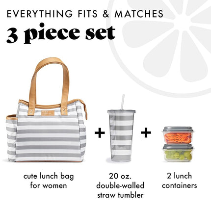 Bolsa de almuerzo Fit & Fresh para mujer, bolsa de almuerzo aislada para mujer para el trabajo, lonchera grande a prueba de fugas y resistente a las manchas para mujer con recipientes y vaso a juego, cremallera, bolsa de almuerzo Westerly, gris