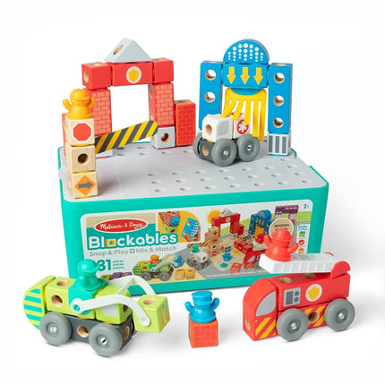 Melissa & Doug Blockables™ Deluxe City Snap and Play, Mix and Match Connectable Wooden Building Blocks Set with Storage Bin and Play Lid (122 Pcs) Ages 2 to 7- FSC Certified