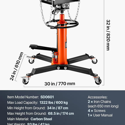 VEVOR Transmission Jack, 1322 LBS Hydraulic Telescoping Transmission Jack, 32"-67" High Lift Transmission Jack Stand with Foot Pedal, 360° Swivel Wheel, Hydraulic Transmission Jack