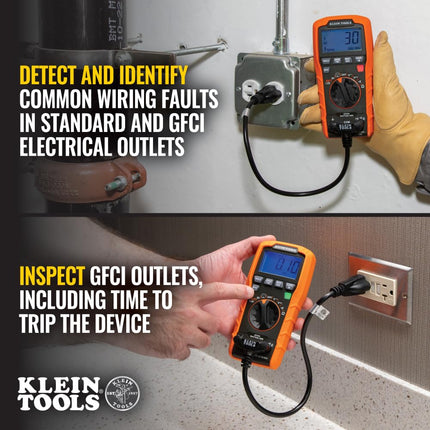 Klein Tools ET270 Auto-Ranging Digital Multi-Tester, AC/DC, Resistance, Continuity, GFCI Receptacle Tester with Test Leads and Receptacle Cord
