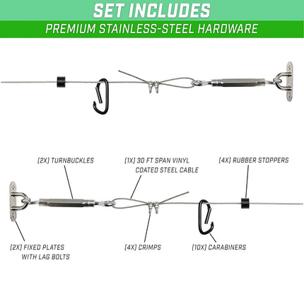 GoSports 30 ft Span Adjustable Wire Hanging Kit - Stainless Steel Cable System for Indoor & Outdoor Use - Hang Sports Nets, String Lights and More