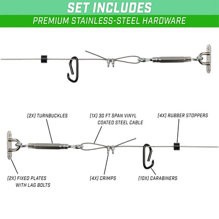GoSports 30 ft Span Adjustable Wire Hanging Kit - Stainless Steel Cable System for Indoor & Outdoor Use - Hang Sports Nets, String Lights and More